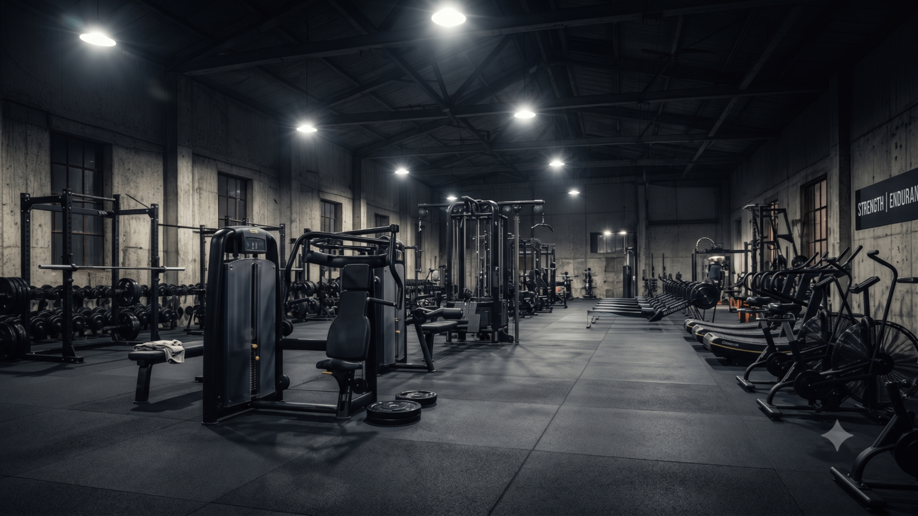 Zedco Fitness warehouse floor with strength machines, racks and cardio equipment under industrial lighting