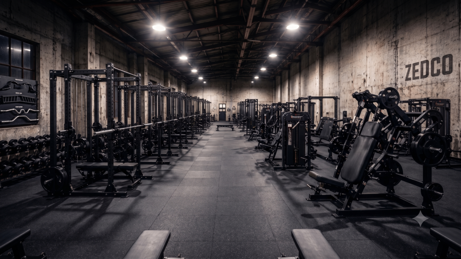 Black steel strength equipment in a spacious warehouse gym